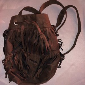 Brown faux suede fringe crossbody bucket bag